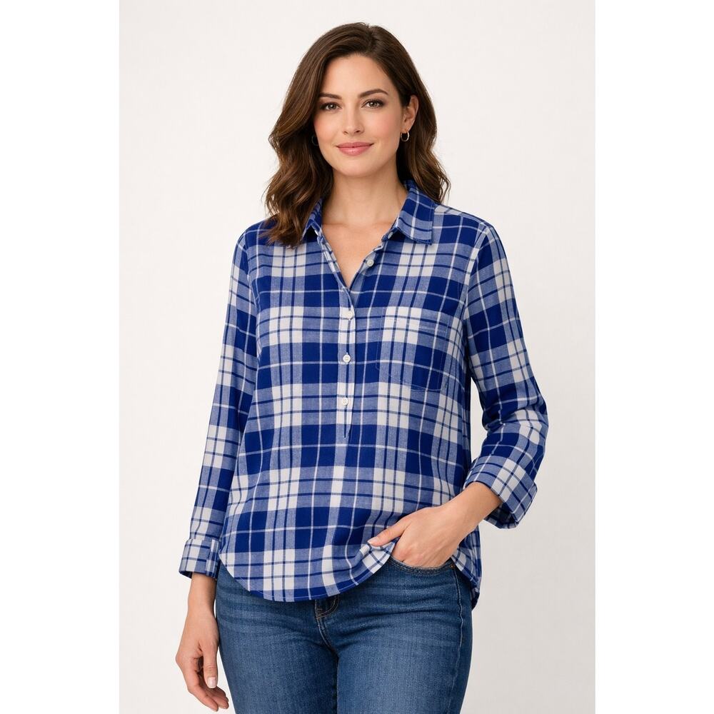 J Crew Top Women Small Blue Plaid Cotton Popover Shirt Classic Preppy Capsule